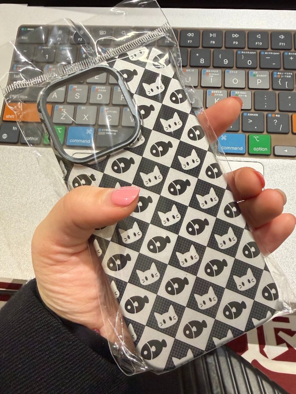 Cute Cat & Fish Checkerboard Phone Case | Kawaii Style